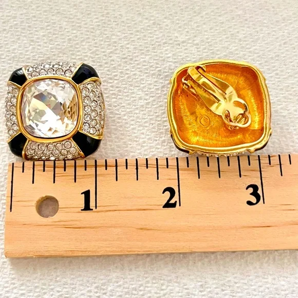 Swarovski Large Gold Plate Clip on Earrings Blk Enamel, Clear Crystal - Picture 6 of 8